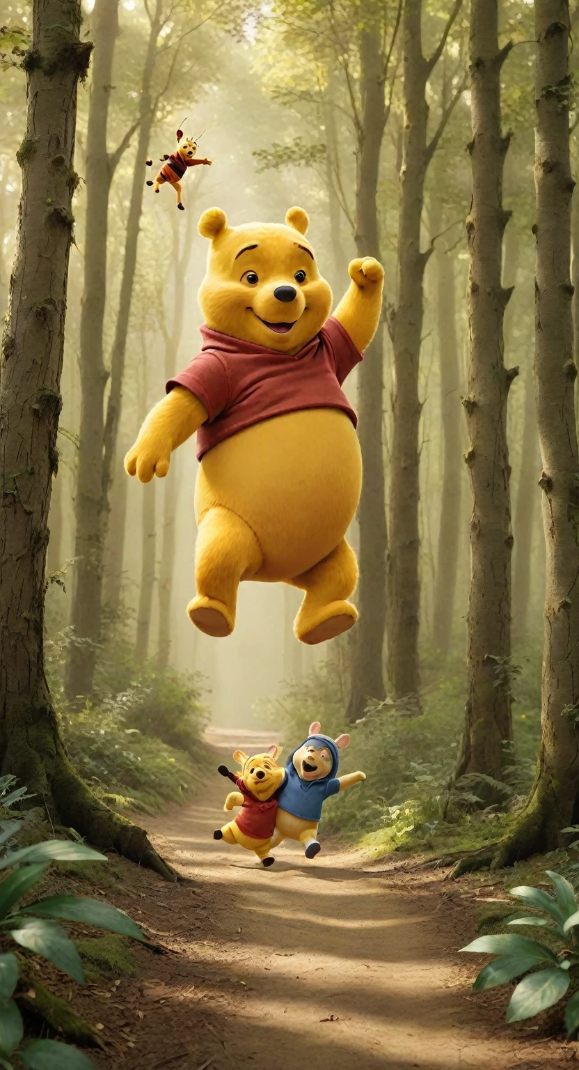 Here is a detailed prompt for the described scene: Guffy, a bespectacled skier with a wild look in his eyes, speeds away from the enraged Winnie-the-Pooh, who's hot on his heels after Guffy pilfered Pooh's prized honey jar. Framing shot: medium distance, focusing on the chaotic pursuit through the Hundred Acre Wood forest. Lighting: warm sunlight filtering through the trees casts long shadows, highlighting the frantic pace of the chase. Composition: Pooh's furious face and outstretched arms dominate the left side, while Guffy's speeding figure occupies the right, with the honey jar clutched tightly in his hand. Pose: Pooh's legs are splayed, as if he's about to pounce, while Guffy's arms are stretched forward, propelling him down the slope. Location: a winding forest path lined with tall trees and overgrown underbrush. Subject: two beloved characters locked in a hilarious, action-packed pursuit.