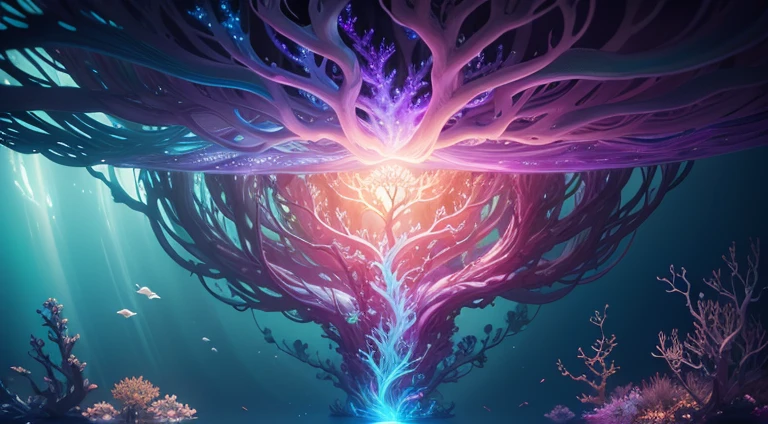 Tree of life under the sea, ethereal, glittering, lens flares, cinematic lighting, artwork by Anna Dittmann & Carne Griffiths, 8k, unreal engine 5, hightly detailed, intricate detailed, mythology