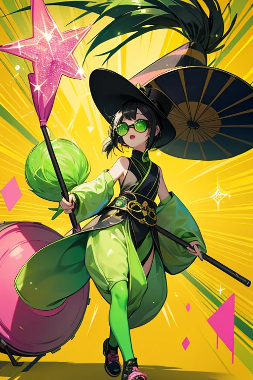 Chindontchi  has a green body with appendages. she have black hair and wear black sunglasses along with a yellow and pink party hat. she  carry a large drum that she play when she walk. SPARKLE; GLITTER