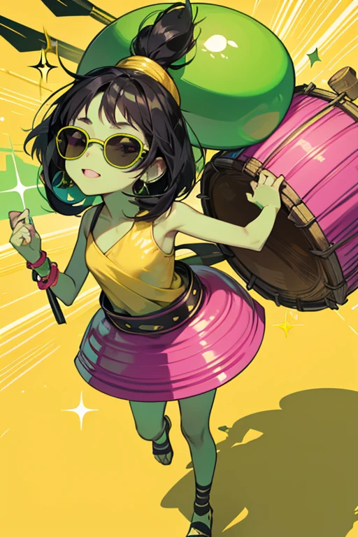 Chindontchi has a green body with appendages. she have black hair and wear black sunglasses along with a yellow and pink party hat. she carry a large drum that she play when she walk. SPARKLE; GLITTER