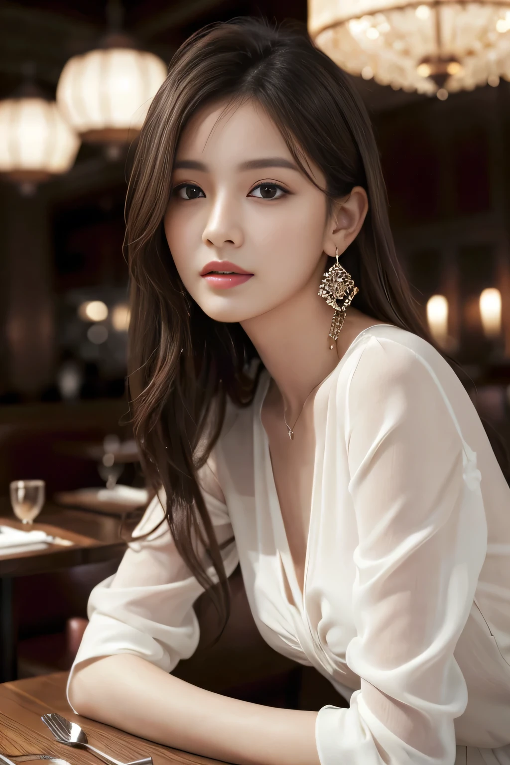 masterpiece, highest quality, Realistic, Very detailed, Finer details, High resolution, 8k wallpaper, One beautiful woman, Wear an elegant white see-through blouse, In a great restaurant, At night, Light brown messy hair, Perfect dynamic composition, Beautiful and beautiful eyes、Big earrings、Sitting in a chair、