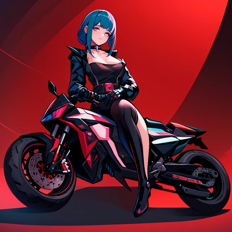 Chica alta vestida de Body futuristico violeta negro con cadenas brillosas vistosas. Collarcadenas de 3 vueltas con candado de dige. vestido de negro. Rojo colorada roja ella tiene el pelo rojo y tiene de ojos verdes se prepara para su amo ella la esclava de su amado ama ponerse cadenas al cuerpo es boluptuosa la chica va ensima de la moto cyberpunk connsu casco de gato y cola