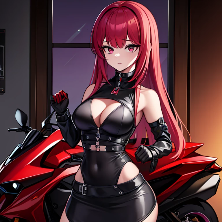 Chica alta vestida de Body futuristico violeta negro con cadenas brillosas vistosas. Collarcadenas de 3 vueltas con candado de dige. vestido de negro. Rojo colorada roja ella tiene el pelo rojo y tiene de ojos verdes se prepara para su amo ella la esclava de su amado ama ponerse cadenas al cuerpo es boluptuosa la chica va ensima de la moto cyberpunk connsu casco de gato y cola