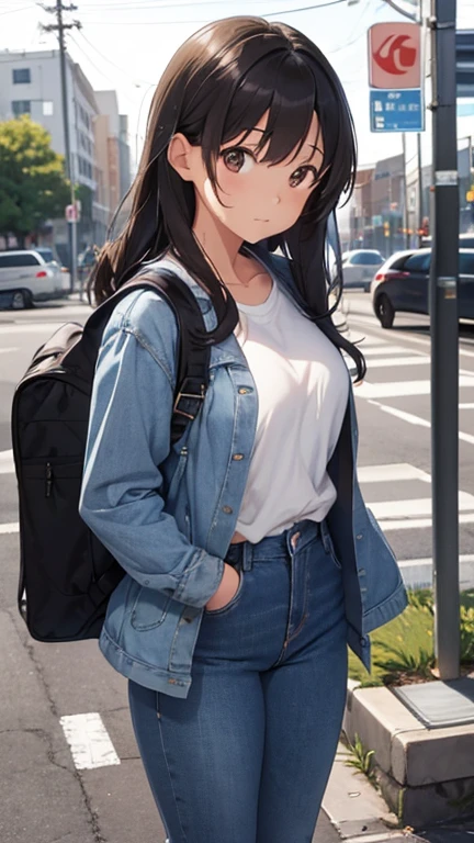 shiho Nishizumi,Blue jean jacket,Jeans pants,Semi-long hair,Ashime Hair,Brown Hair,Black Eyes,Big Breasts,I'm furious,from the front,Urban area,In front of the bus stop,Leaning forward,At least one backpack, Beautiful image quality,slightly muscular,