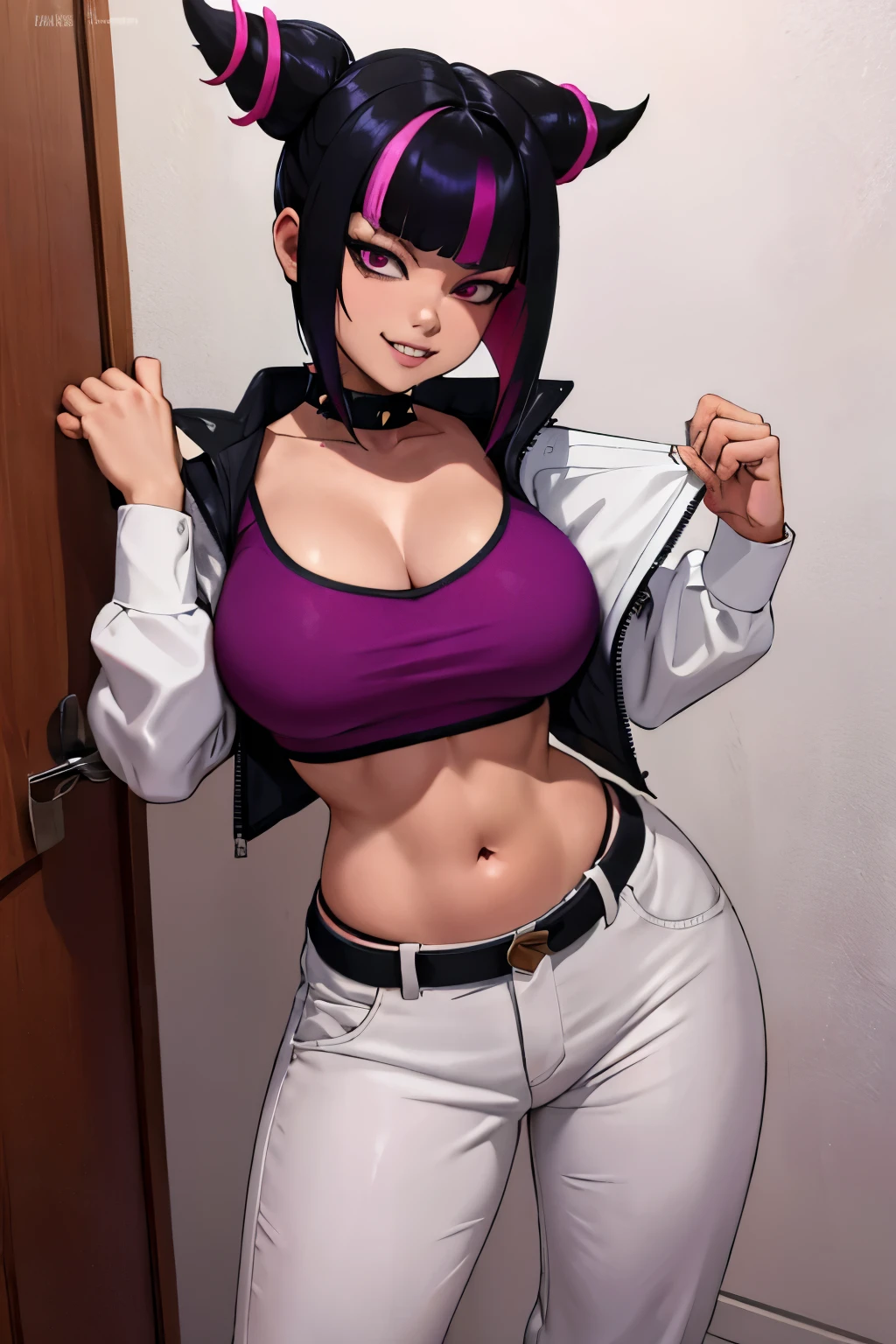 Juri Han looking down at viewer with lust, big grin, busty, curvy,  asymmetrical hair, black hair, diagonal bangs, hair horns, medium hair, multicolored hair, (purple eyes:1.1), pink hair, two-tone hair,
black collar, chinese clothes, collar, crop top, navel, spiked collar, spikes, pants, baggy pants,