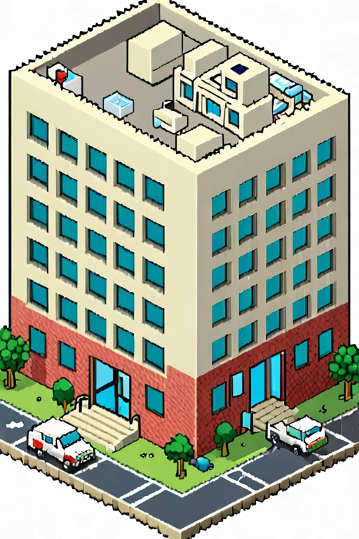 highly detailed isometric pixelart close-up of a __hospital building__, simple white background, eboy style