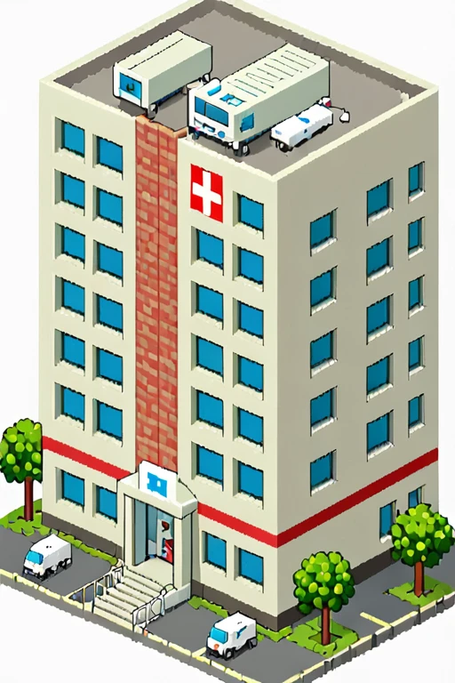 highly detailed isometric pixelart close-up of a __hospital building__, simple white background, eboy style