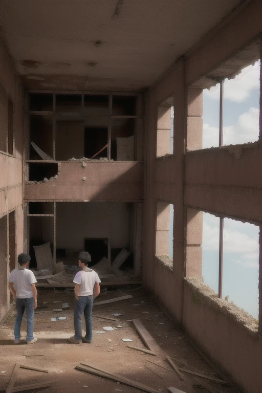 Grupo de jovenes explorando el lugar adentro del edificio abandonado, mirando con curiosidad.	