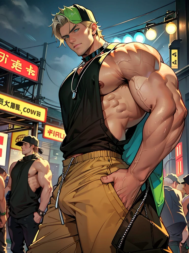 Young man, short blond hair, handsome face, tired expression, green eyes, large muscles, hyper pectoral, thick thigh, large butt. He's wearing a low-cut tank top, black pants, a backwards hat, and a silver chain around his neck, Big bulge. Scenery, party at night.