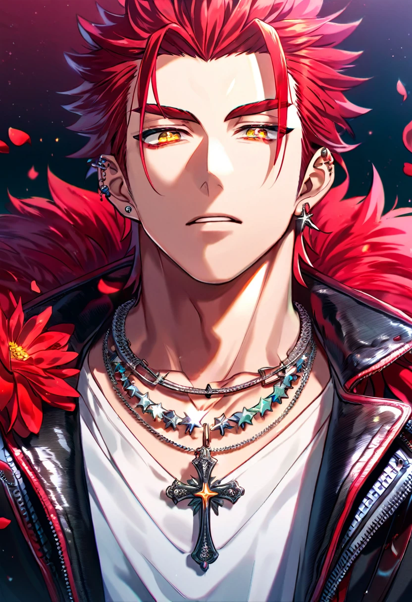Ultra detailed, Highres, absurdres, HDR, Suoh Mikoto, red hair is kept short ruffled and spiked with two strands of hair near the opposite sides of his head falling on his face as well as distinct sideburns, K, expressive golden eyes, black leather jacket with a fur collar and a white V-neck underneath, silver ring, a star-shaped necklace, a piercing in his left ear, red flowers, petals, handsome, man, solo, very detailed eyes and face, glittering small red butterflies, master piece, glittering, fantasy, cross, red background, red flames,