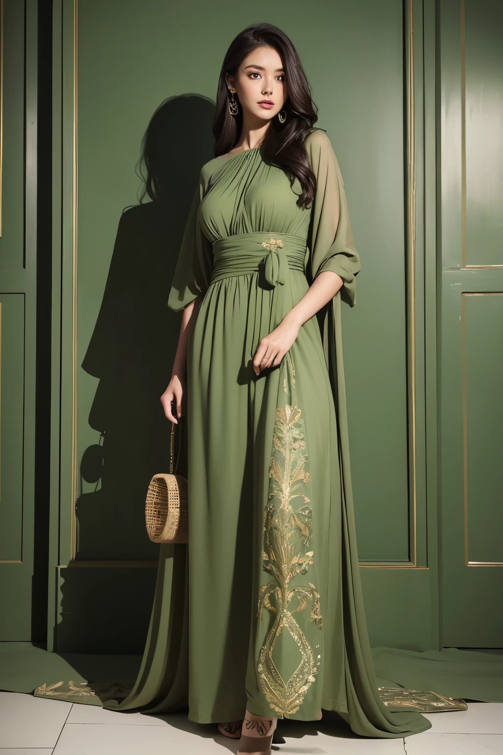 Araped woman wearing green dress and clutch bag, Full Body Green Dress, olive green, long dress, jumpsuit, long dress female, wearing a long dress, wearing long, flowing clothes, thin waist and thick hips, vivid details, pants, green clothes, waist height, Medium Poly, full-length view, Female figure wearing maxi dress