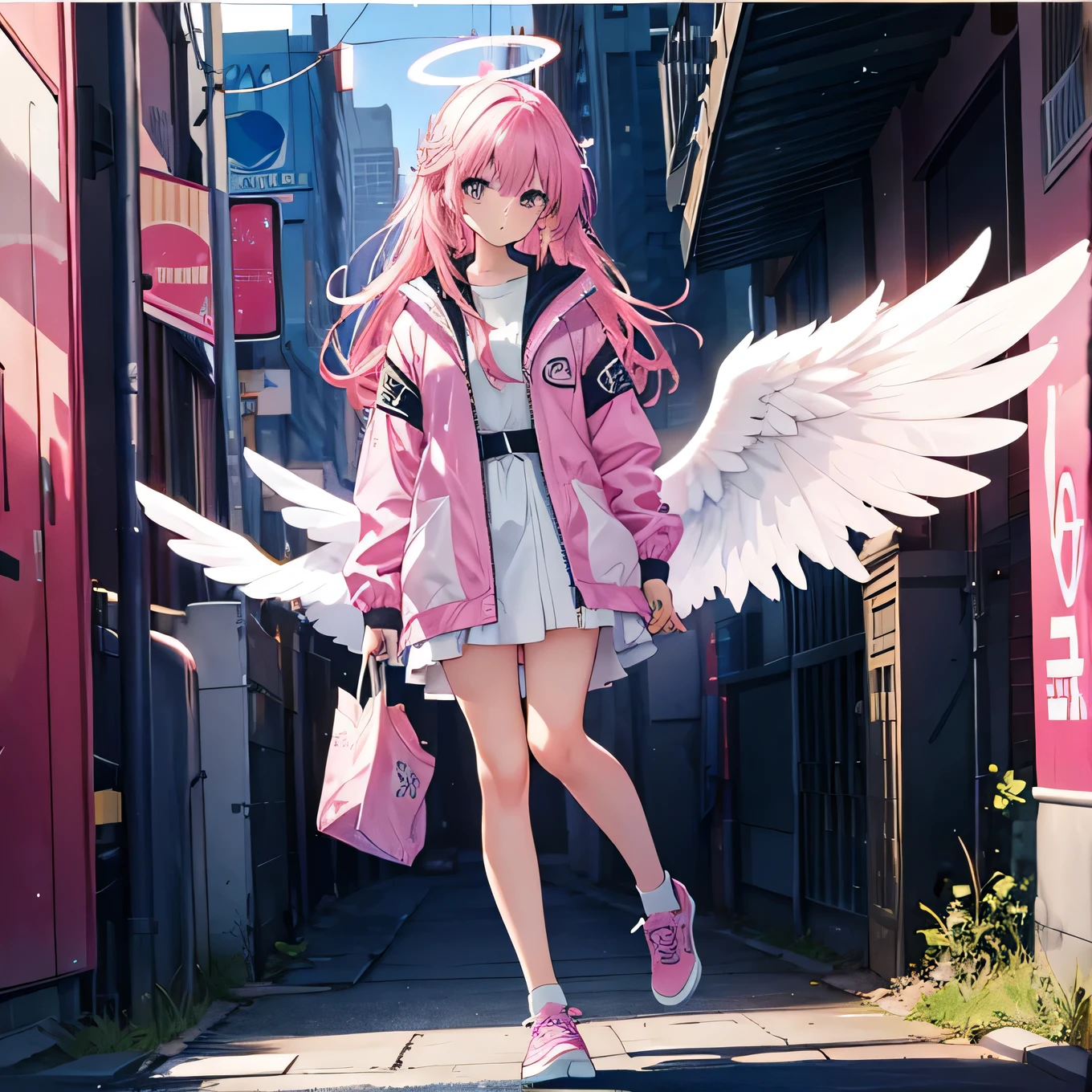sixteen year old girl，Pink Hair，Angel Wings，Halo，windbreaker，whole body