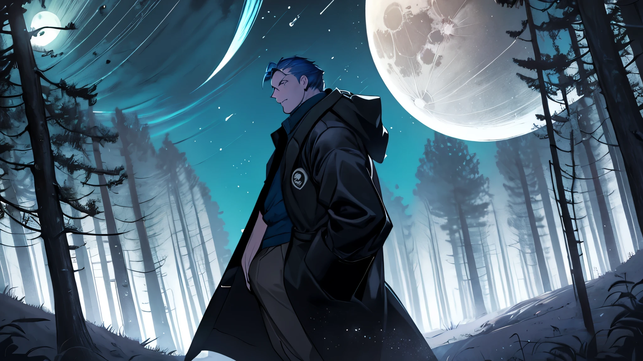 Homem, young man looking at the moon in the night sky in the middle of the woods with coats