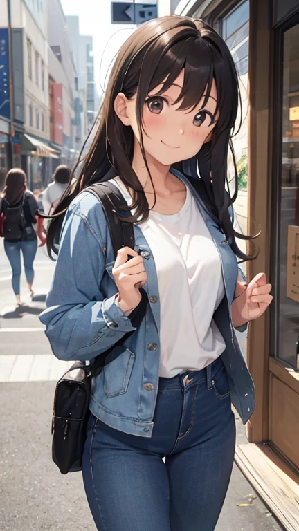 shiho Nishizumi,Blue jean jacket,Jeans pants,Semi-long hair,Ashime Hair,Brown Hair,Black Eyes,Big Breasts,Smiling expression,from the front,Inside the store,Hold the product in your left hand,At least one backpack, Beautiful image quality,slightly muscular,