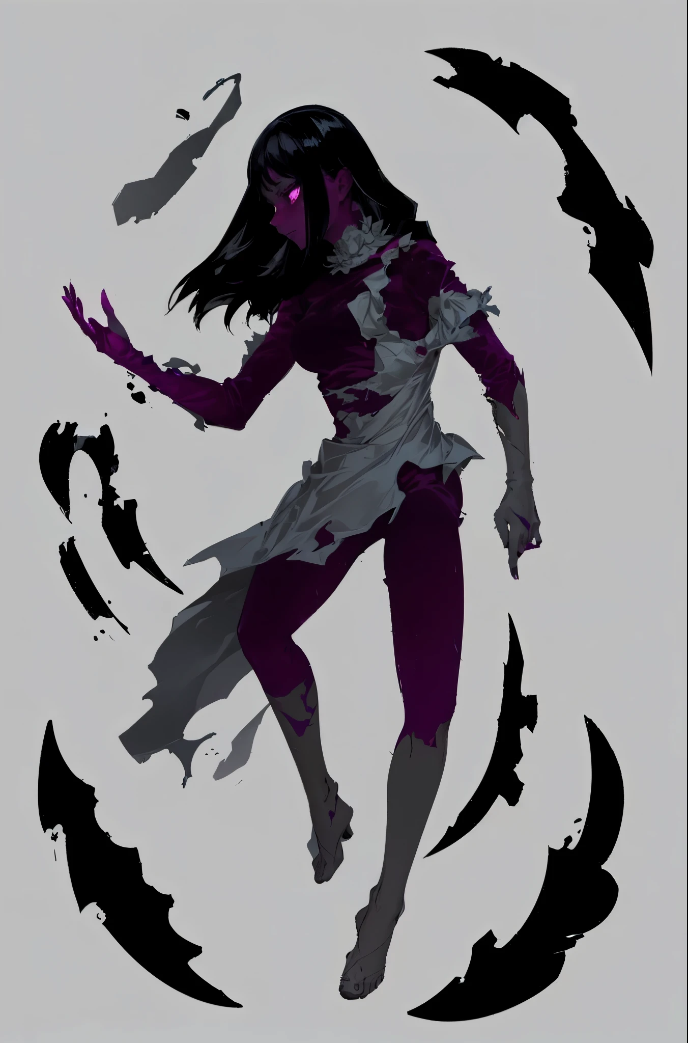 Woman of darkness, its body has a black and dark purple color, her clothes are torn and she seems to float, She watches her hand with an air of seriousness, she is a pretty, the image is full of details, woman possessed by darkness, 