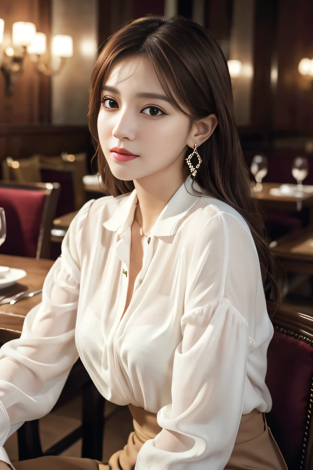 masterpiece, highest quality, Realistic, Very detailed, Finer details, High resolution, 8k wallpaper, One beautiful woman, Wear an elegant white see-through blouse, In a great restaurant, At night, Light brown messy hair, Perfect dynamic composition, Beautiful and beautiful eyes、Big earrings、Sitting in a chair、
