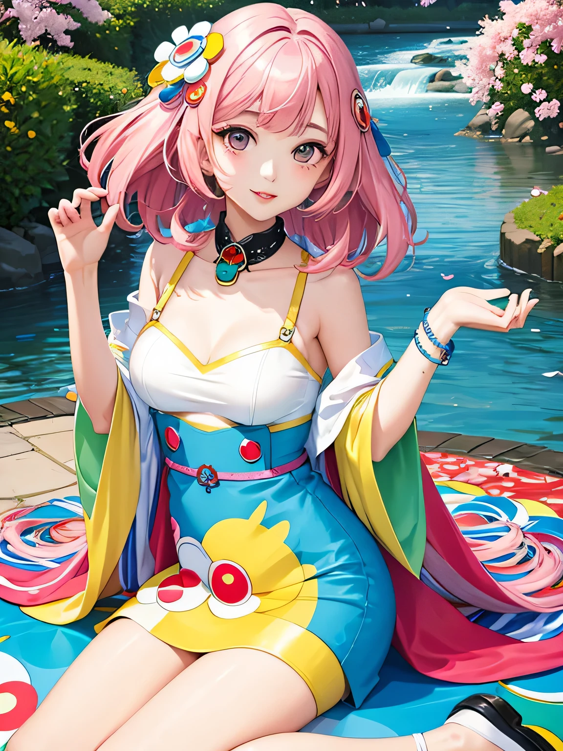 Takashi Murakami style, lips in love, sexuality, the nicest girl, beautiful eyes, Fashion Model, stylish,  beautiful flower, Colorful Hearts, sitting in the spring garden