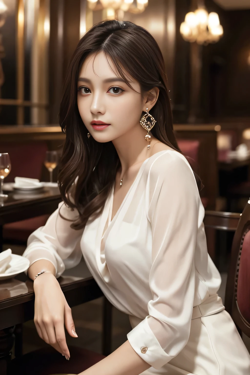 masterpiece, highest quality, Realistic, Very detailed, Finer details, High resolution, 8k wallpaper, One beautiful woman, Wear an elegant white see-through blouse, In a great restaurant, At night, Light brown messy hair, Perfect dynamic composition, Beautiful and beautiful eyes、Big earrings、Sitting in a chair、