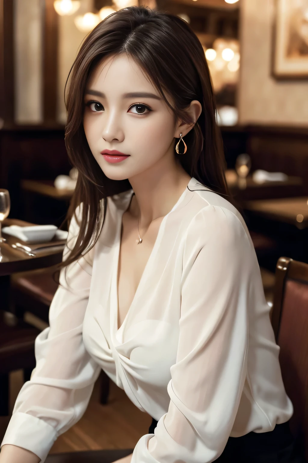 masterpiece, highest quality, Realistic, Very detailed, Finer details, High resolution, 8k wallpaper, One beautiful woman, Wear an elegant white see-through blouse, In a great pub restaurant, At night, Light brown messy hair, Perfect dynamic composition, Beautiful and beautiful eyes、Big earrings、Sitting in a chair、