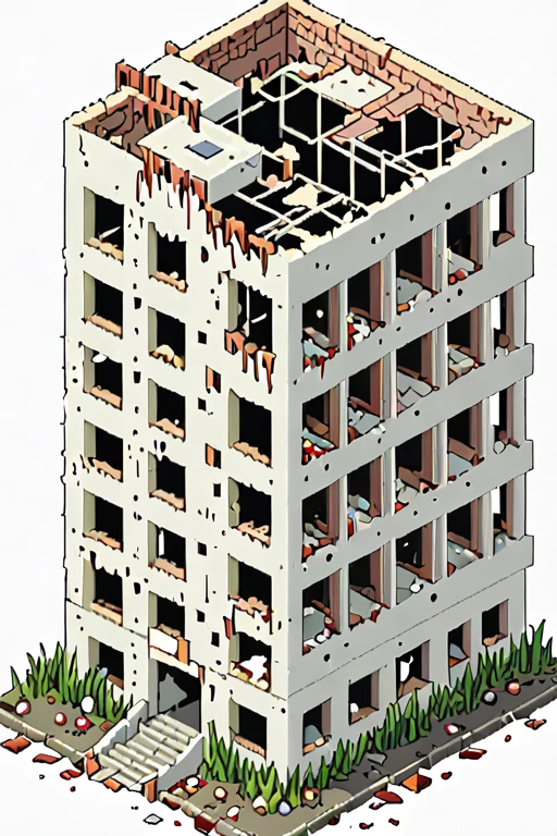 highly detailed isometric pixelart close-up of a __destroyed hospital building__, simple white background, eboy style 