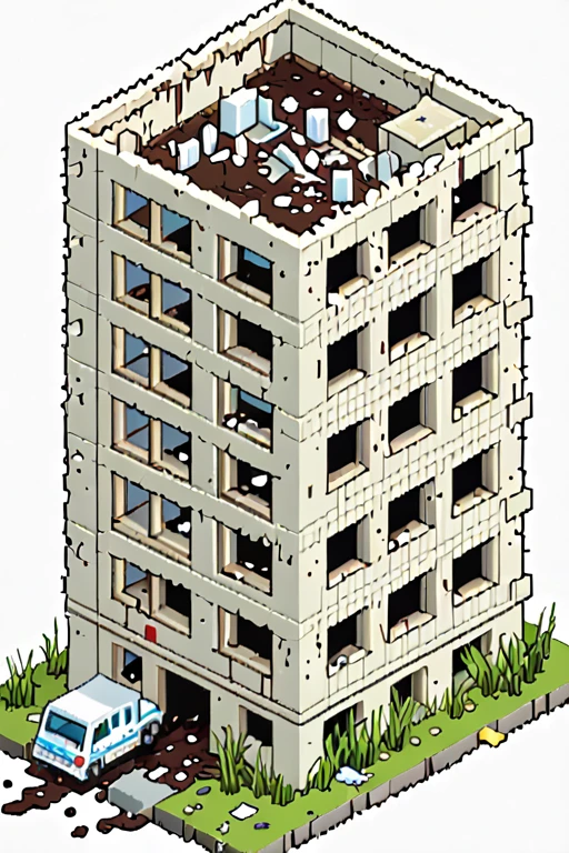 highly detailed isometric pixelart close-up of a __destroyed hospital building__, simple white background, eboy style
