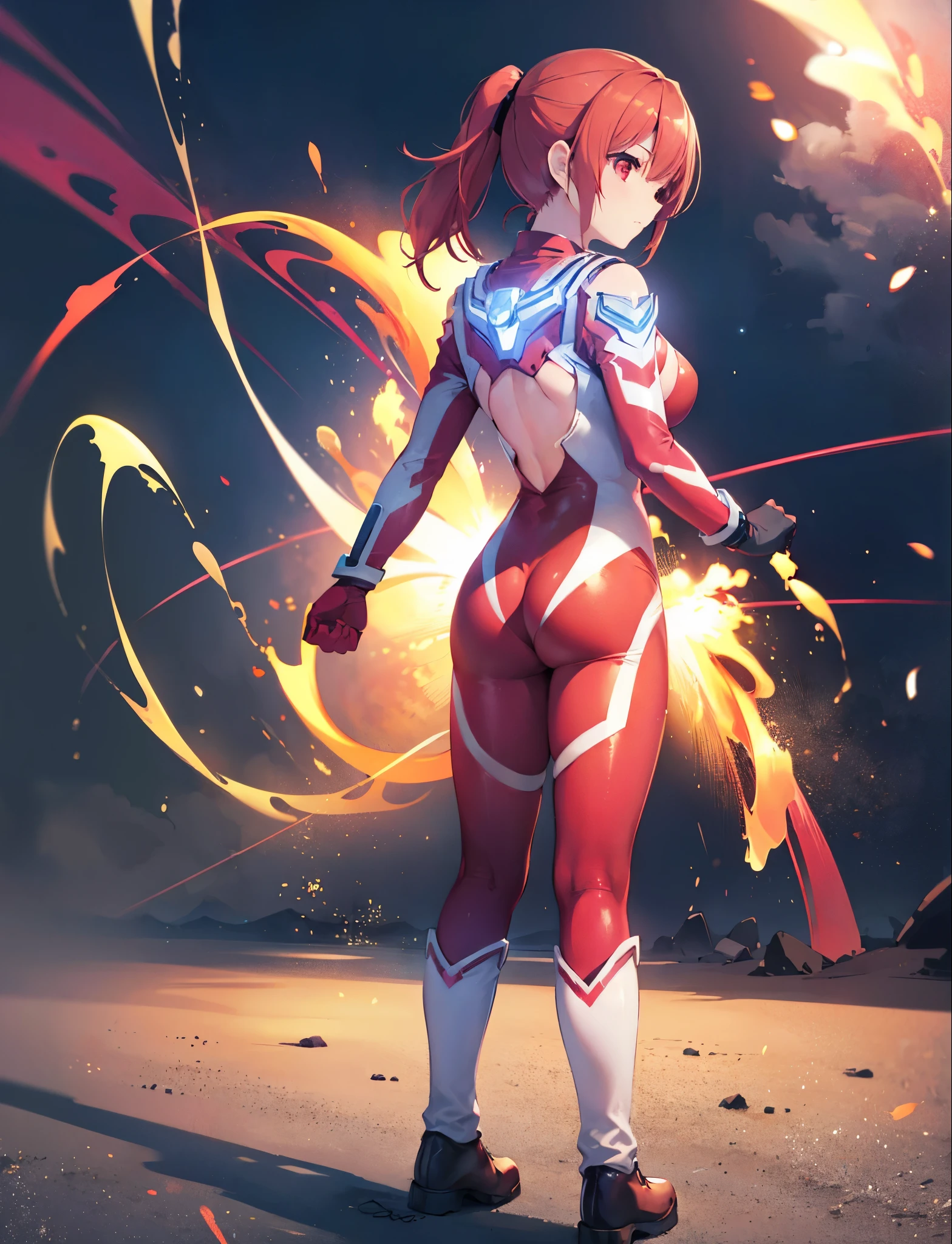Realistic,highest quality, Ultra Detail, High-quality CG rendering, The most delicate and beautiful, Floating softly, High resolution, (1 girl), (Highest quality,4K,8K,masterpiece:1.2),(All red hair:1.5), (Short ponytail:1.5),(Red eyes:1.5), (Ultra Girl:1.0), (Red Ultraman bodysuit:1.4),(Slightly larger breasts:1.5),(Clenched Fist:1.2), Red gloves,(Turn your back to your audience:1.3),Ass,whole body