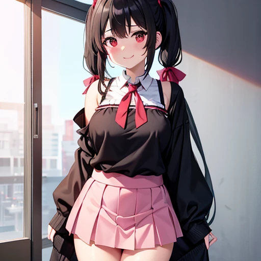 My name is Yunyun - Konosuba break very cute Black Hair Short pigtails Tie your hair in a red ribbon in front of your shoulders Hair tied in low pigtails with red ribbons happy smile Big smile Full face blush, large red eyes, and a crooked mouth.々 break pink tie for men Round boobs Short-sleeved shirt that shows your chest Pink mini skirt Sweat
