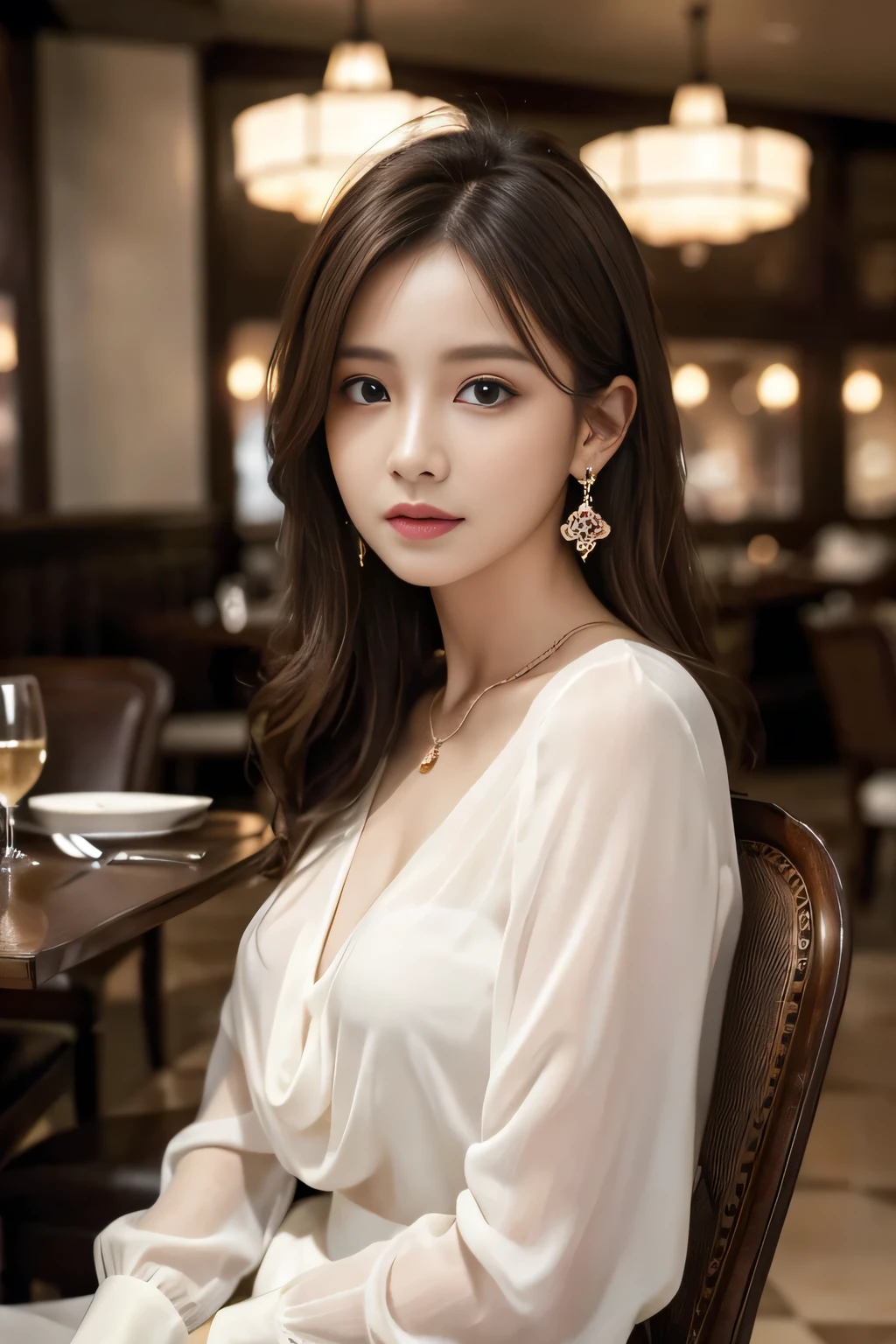 masterpiece, highest quality, Realistic, Very detailed, Finer details, High resolution, 8k wallpaper, One beautiful woman, Wear an elegant white see-through blouse, In a great restaurant, At night, Light brown messy hair, Perfect dynamic composition, Beautiful and beautiful eyes、Big earrings、Sitting in a chair、