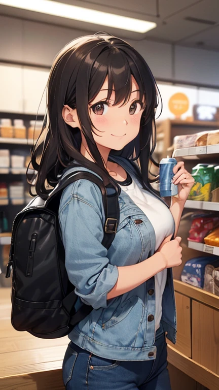 shiho Nishizumi,Blue jean jacket,Jeans pants,Semi-long hair,Ashime Hair,Brown Hair,Black Eyes,Big Breasts,Smiling expression,from the front,over the counter,Inside the store,indoor,Hold the product in your left hand,At least one backpack, Beautiful image quality,slightly muscular,