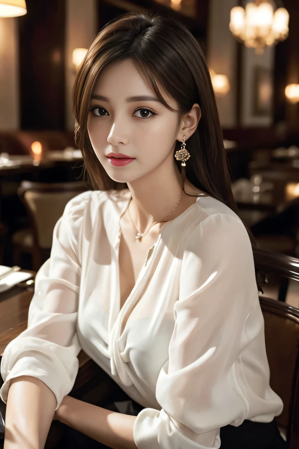 masterpiece, highest quality, Realistic, Very detailed, Finer details, High resolution, 8k wallpaper, One beautiful woman, Wear an elegant white see-through blouse, In a great restaurant, At night, Light brown messy hair, Perfect dynamic composition, Beautiful and beautiful eyes、Big earrings、Sitting in a chair、