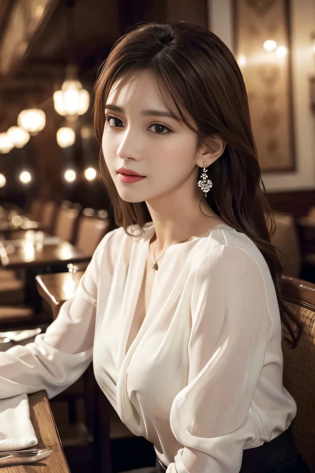 masterpiece, highest quality, Realistic, Very detailed, Finer details, High resolution, 8k wallpaper, One beautiful woman, Wear an elegant white see-through blouse, In a great restaurant, At night, Light brown messy hair, Perfect dynamic composition, Beautiful and beautiful eyes、Big earrings、Sitting in a chair、