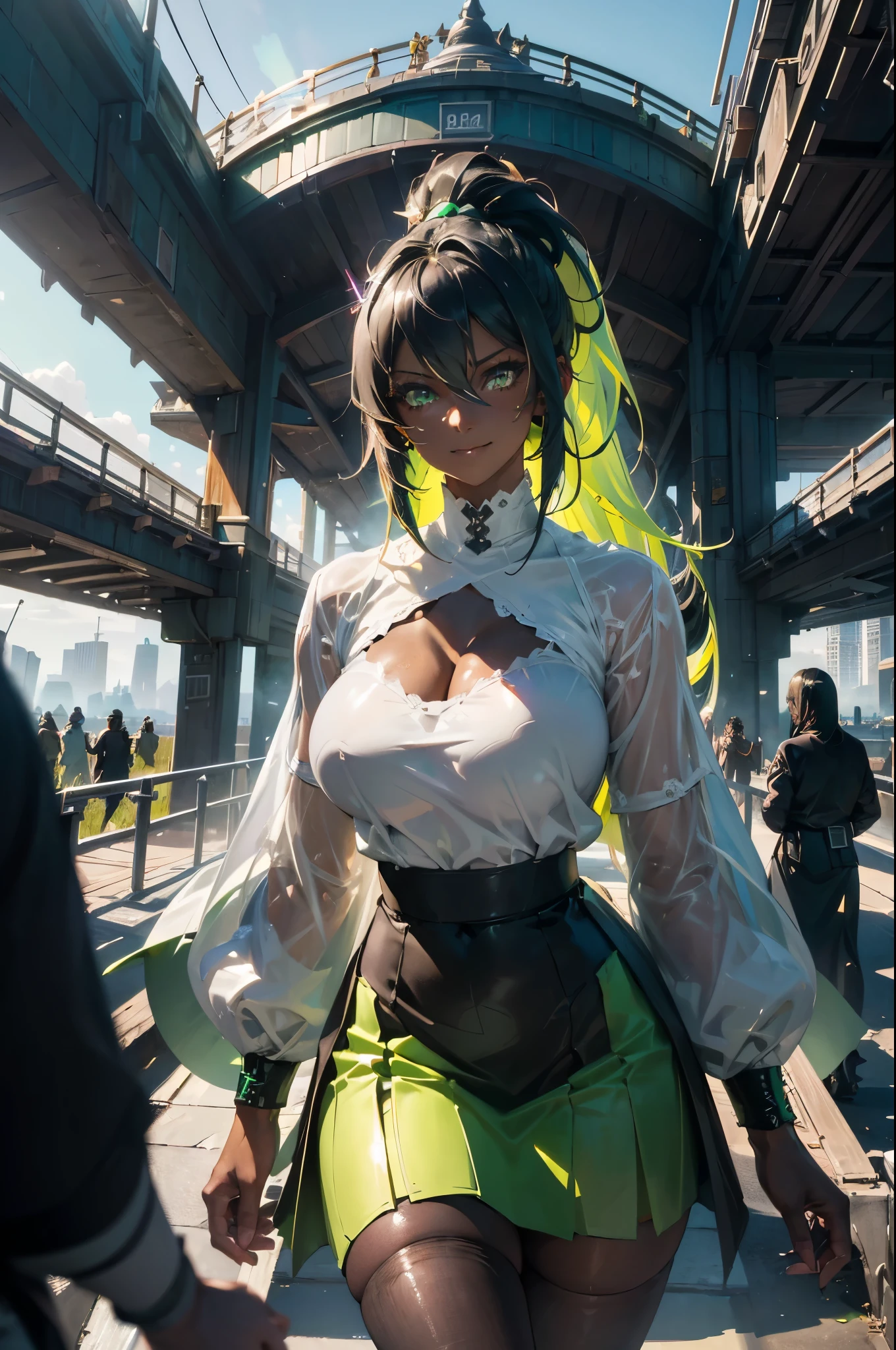 masterpiece, best quality, Very detailed, 1 Girl, , Solitary, (High:1.2), (dark skin, Black skin:2), Black_swan_\(Honkai:_Star_rail\), (Huge breasts:1.4), ((((Light green hair), long hair, Ponytail, Green Eyes))), blue lips, (((Wearing a white T-shirt, Long sleeve, Midi Skirt, White pantyhose))), ((naughty smile), Shut up), ((outdoor, Futuristic architecture))