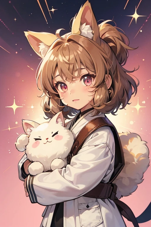 Chokomakatchi has light tan skin with fluffy light brown hair on her head. She has a white stripe on her face and two tiny ears. She always carries a pink magnifying glass. SPARKLE; GLITTER