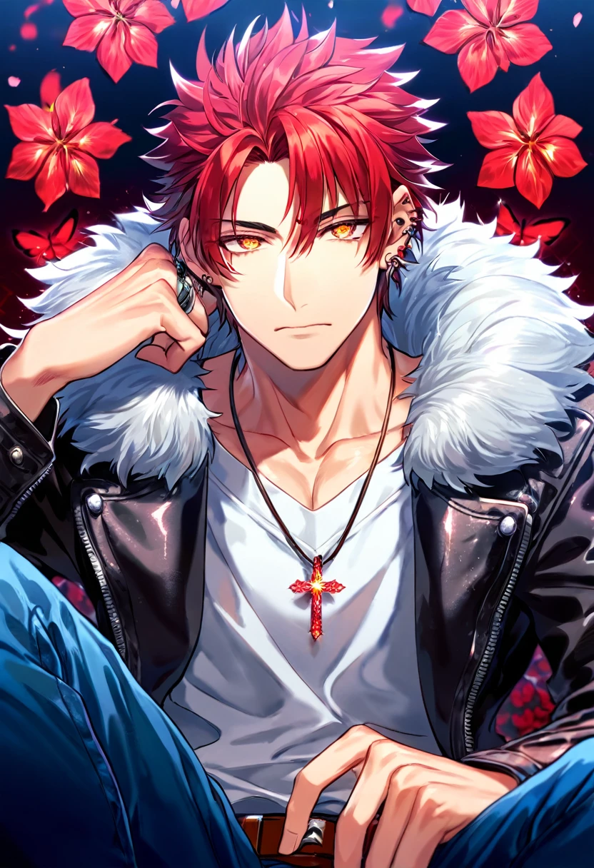 Ultra detailed, Highres, absurdres, HDR, Suoh Mikoto, red hair is kept short ruffled and spiked with two strands of hair near the opposite sides of his head falling on his face as well as distinct sideburns, K, expressive golden eyes, black leather jacket with a fur collar and a white V-neck underneath, silver ring, a star-shaped necklace, a piercing in his left ear, red flowers, petals, handsome, man, solo, very detailed eyes and face, glittering small red butterflies, master piece, glittering, fantasy, cross, red background, red flames, blue pants, brown belt, sitting