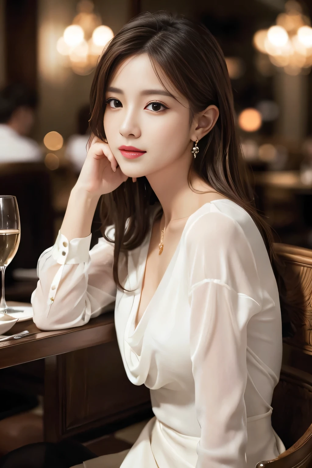 masterpiece, highest quality, Realistic, Very detailed, Finer details, High resolution, 8k wallpaper, One beautiful woman, Wear an elegant white see-through blouse, In a great restaurant, At night, Light brown messy hair, Perfect dynamic composition, Beautiful and beautiful eyes、Big earrings、Sitting in a chair、