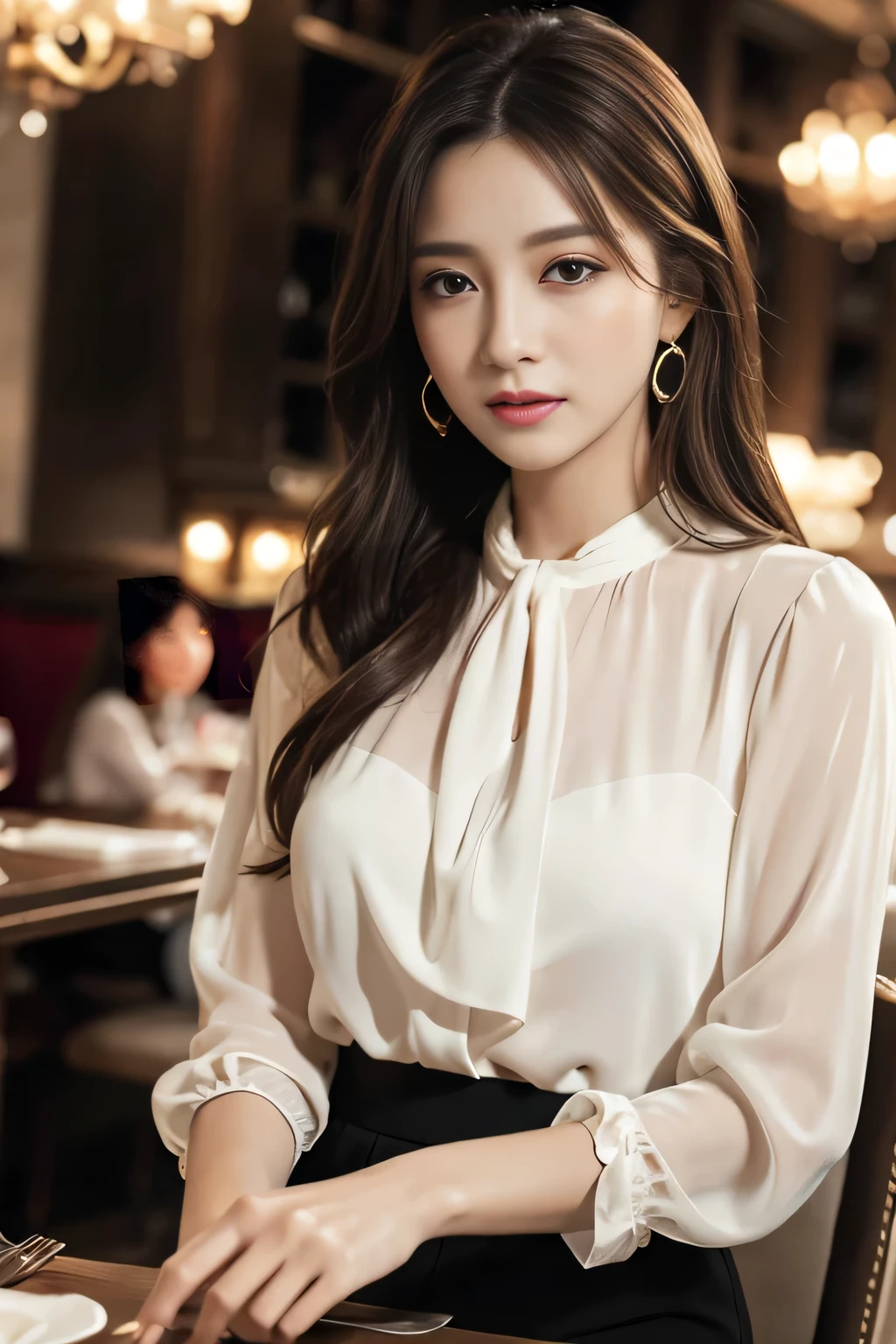 masterpiece, highest quality, Realistic, Very detailed, Finer details, High resolution, 8k wallpaper, One beautiful woman, Wear an elegant white see-through blouse, In a great restaurant, At night, Light brown messy hair, Perfect dynamic composition, Beautiful and beautiful eyes、Big earrings、Sitting in a chair、