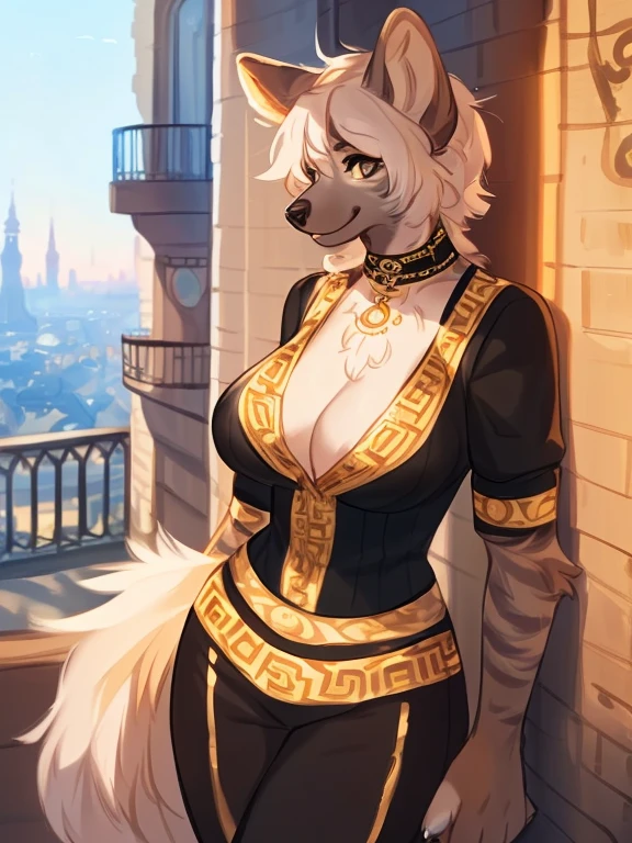by bebebebebe, by lostgoose, by mellonbun, by spuydjeks, solo, female, standing, ((snout, hair, hair, canine, grey striped hyena)), detailed eyes, german city, ((designer clothes, versace, cleavage)), turtleneck