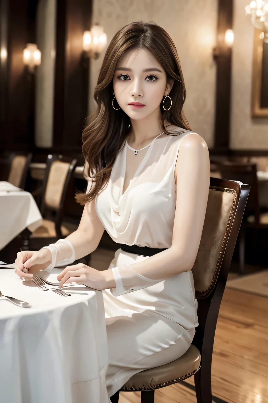 masterpiece, highest quality, Realistic, Very detailed, Finer details, High resolution, 8k wallpaper, One beautiful woman, Wear an elegant white see-through blouse, In a great restaurant, At night, Light brown messy hair, Perfect dynamic composition, Beautiful and beautiful eyes、Big earrings、Sitting in a chair、