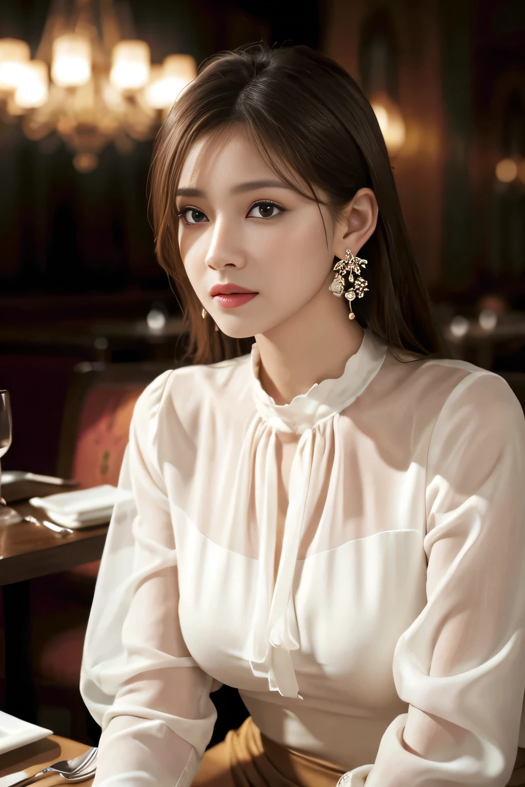 masterpiece, highest quality, Realistic, Very detailed, Finer details, High resolution, 8k wallpaper, One beautiful woman, Wear an elegant white see-through blouse, In a great restaurant, At night, Light brown messy hair, Perfect dynamic composition, Beautiful and beautiful eyes、Big earrings、Sitting in a chair、