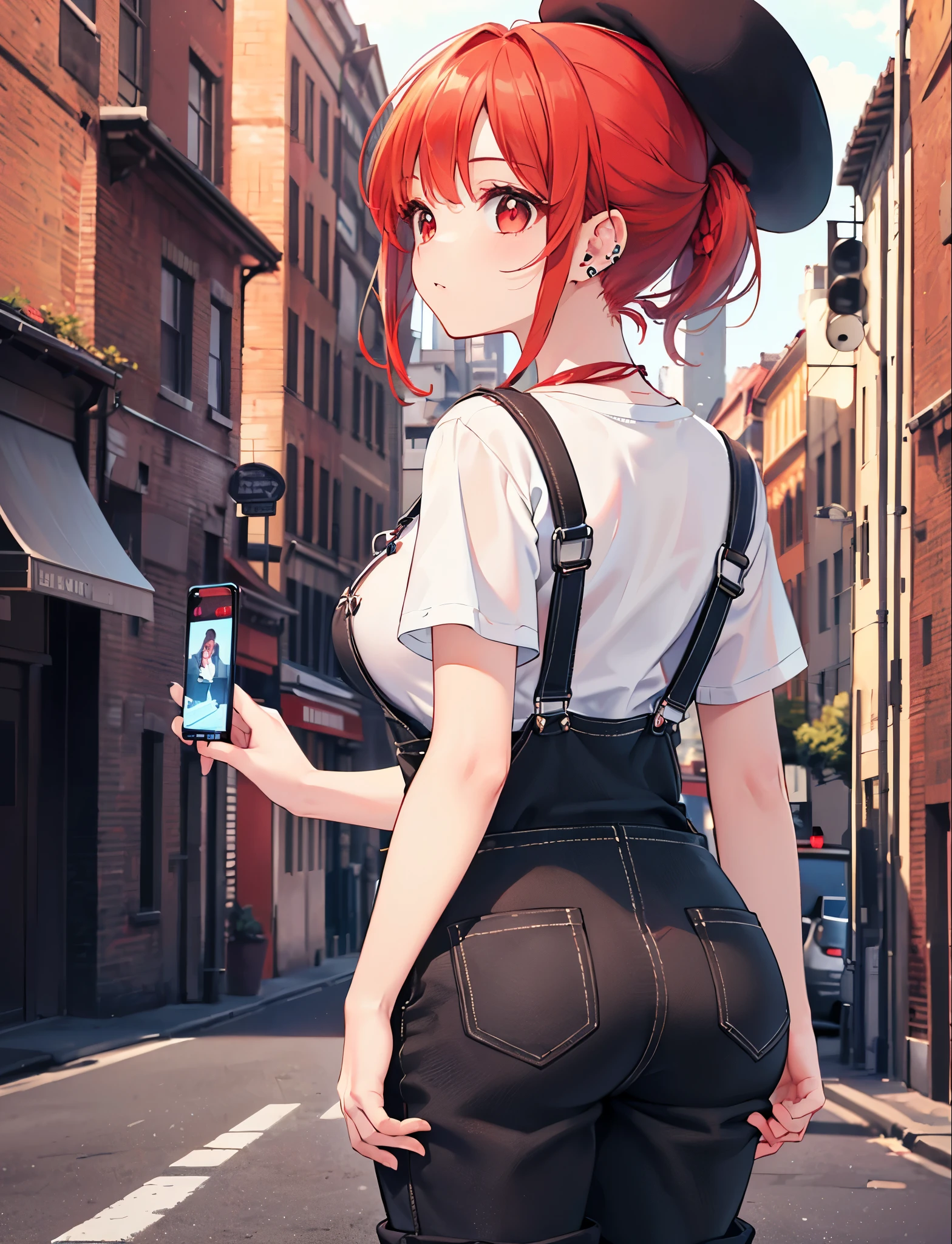 Realistic,highest quality, Ultra Detail, High-quality CG rendering, The most delicate and beautiful, Floating softly, High resolution, (1 girl), (Highest quality,4K,8K,masterpiece:1.2),(All red hair:1.5), (ponytail:1.5),(Red eyes:1.5),(Slightly larger breasts:1.2), (Light brown overalls:1.3),(Pure white inner T-shirt:1.3),(Black boots:1.3)、(Light brown beret:1.3)、Piercing in left ear,In the city,old buildings,(Turn your back to your audience:1.3),Ass,(whole body:1.3)