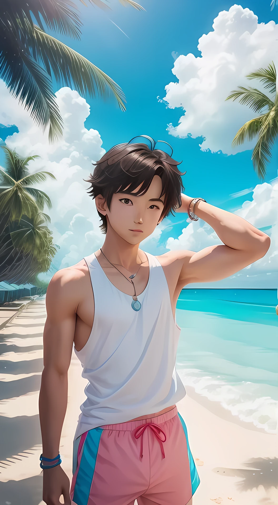 Anime style,Summer sky、Into the cloud、1boy,, pretty girl, cute face, adorable boy, beach, coconut tree, Cheerful boy。Tank Tops、body only, 、(show his armpit, focus on the armpit, shine closer to the armpit), boy focus