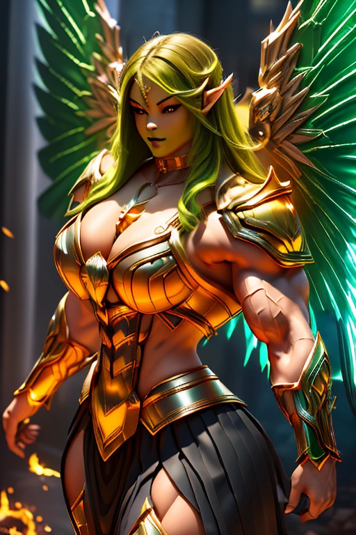 ((((Massive tall, beautiful, buff, light brown skinned muscular angel woman with green hair, huge angel wings, ginormous bulky muscles and wearing a beautiful white long angel dress)))), (close view), massive muscles, massive biceps, hyper muscle shoulders, massive muscle arms, vascular shoulders, hyper muscle triceps, huge angel wings, (long curvy hair), orange eyes, choker, angel gauntlets, on top of a sunny skyscraper in a Windy City, confidant smile, hyper vascular arm, hyper muscles arms, hyper muscle legs, (massive arms).