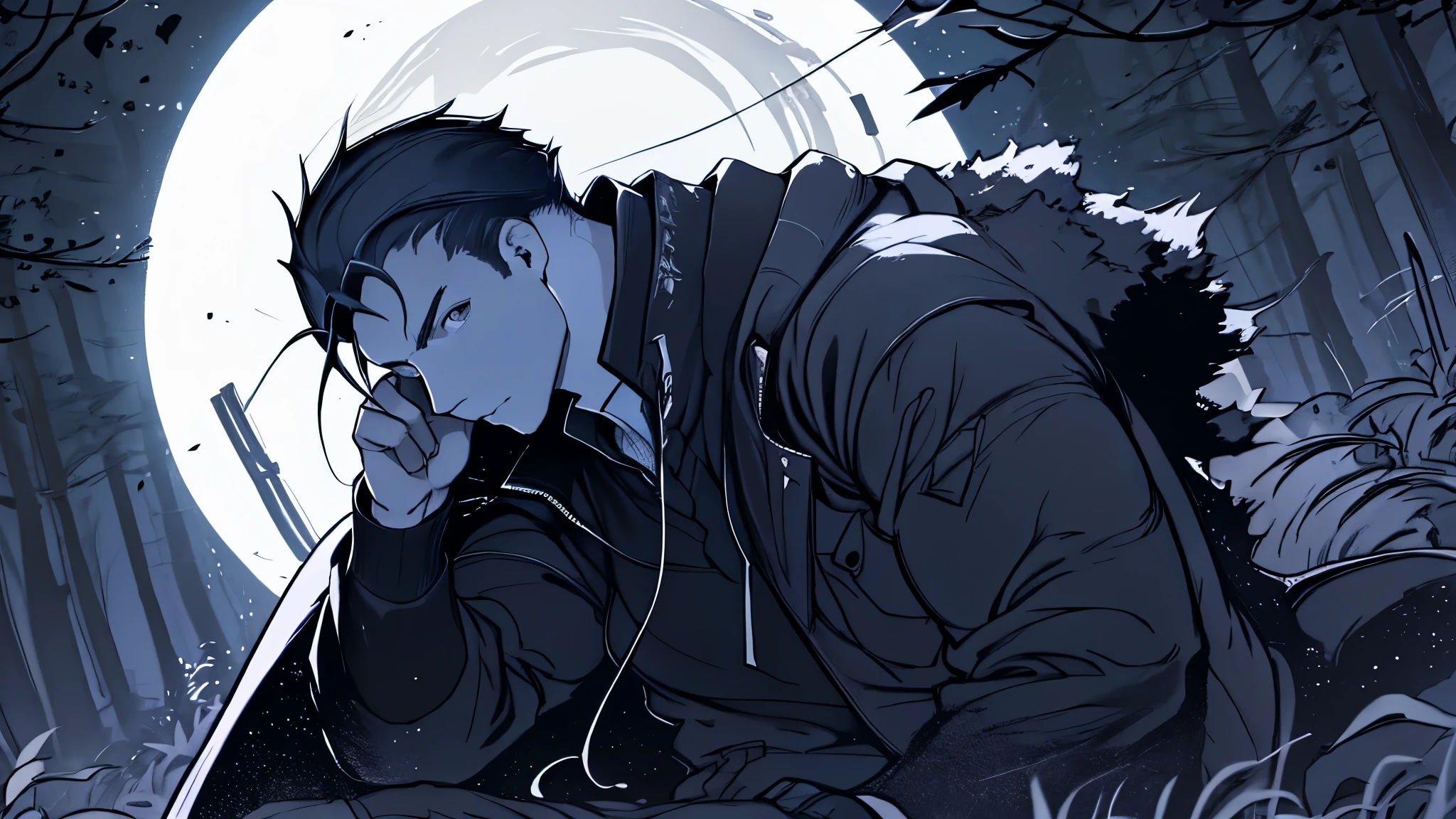 Homem, young man looking at the moon in the night sky in the middle of the woods with outerwear ultra detailed face