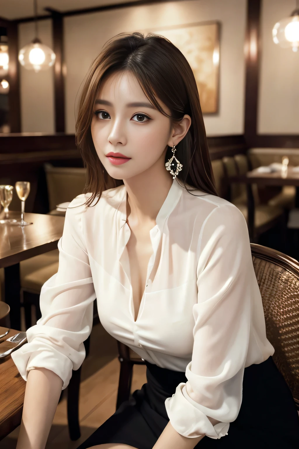 masterpiece, highest quality, Realistic, Very detailed, Finer details, High resolution, 8k wallpaper, One beautiful woman, Wear an elegant white see-through blouse, In a great restaurant, At night, Light brown messy hair, Perfect dynamic composition, Beautiful and beautiful eyes、Big earrings、Sitting in a chair、