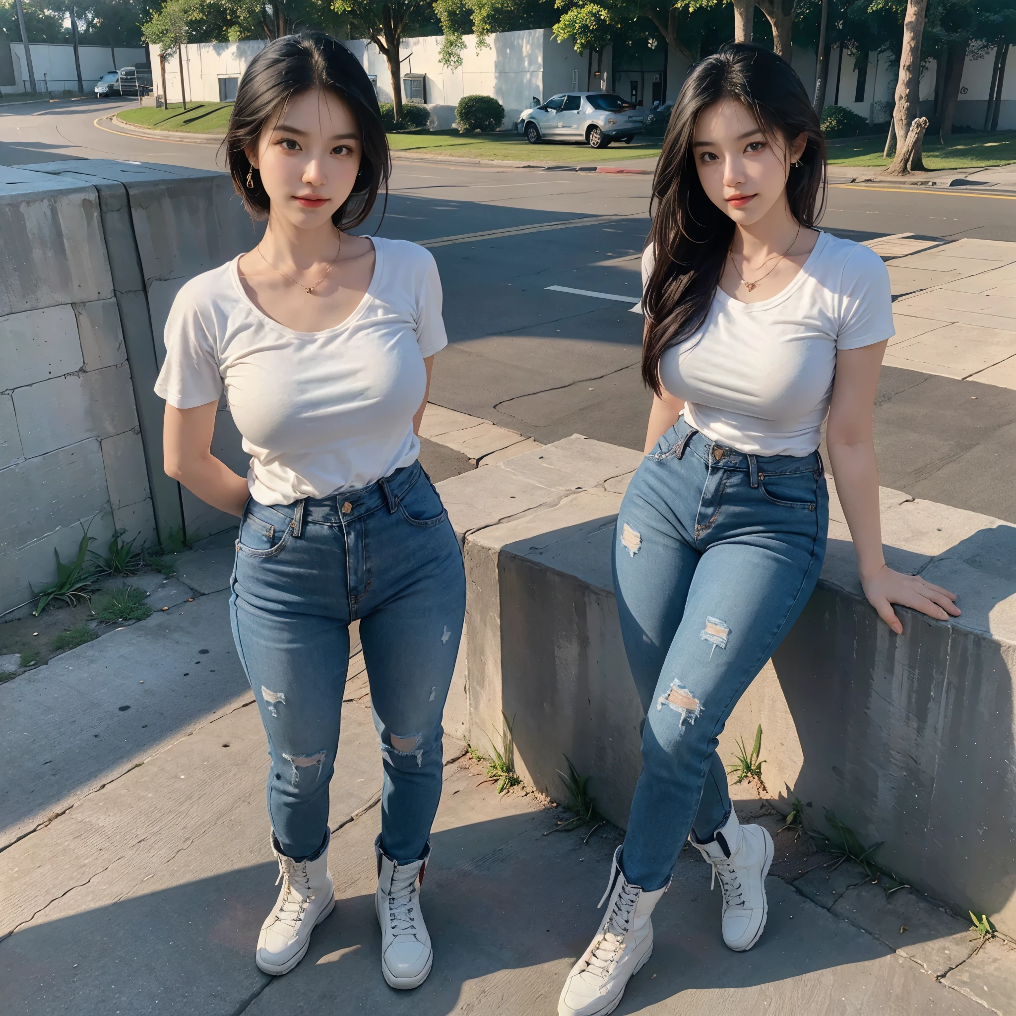 The people in the photo are separated from each other. night image, White short-sleeved T-shirt, Toe of the boot, Top with exposed arms, two feet apart. Matching white boot, people standing far apart, long jeans plain jeans or non-distressed jeans, white sneakers, The shirt covers the back the pants, white t-shirt,, shirt large, hands clasped tightly reveal only the palm, without jewelry, asian girl white skin, she wear Clad in long jeans and a white t-shirt , a pair of white leather boots, highly detailed boots, military combat boots, lace-up boots, rugged boots, worn boots, scuffed boots, boots with metal buckles, boots with thick soles, boots with treads, boots in the mud, boots on a dusty road, boots in a forest, boots in an urban setting, boots on a snowy landscape, (best quality,4k,8k,highres,masterpiece:1.2),ultra-detailed,(realistic,photorealistic,photo-realistic:1.37),HDR,UHD,studio lighting,ultra-fine painting,sharp focus,physically-based rendering,extreme detail description,professional, (, Gigantic well-rounded large breasts breasts :1.2) , full body,, long jeans, big boob,Expose cleavage, night, Whole body, Long legs,, A pretty girl with perfect figure , blue jeans, high jeans, her stunning physique is accentuated, drawing the viewer's attention to her natural beauty and allure, , They are angry with each other, pectoral muscle big clavicular head big, The girls are apart from each other. big Pectoralis Major Muscle., Short-sleeved shirt, Photo of four people apart, Three people separated, White short-sleeved T-shirt, Toe of the boot, Top with exposed arms, two feet apart. Matching white boot, people standing far apart, long jeans plain jeans or non-distressed jeans, white sneakers, The shirt covers the back the pants, white t-shirt,, shirt large, hands clasped tightly reveal only the palm, without jewelry, scoop-neck shirt , scoop neck shirt , necklace exposed , chain visible, Golden sunlight, natural yellow light