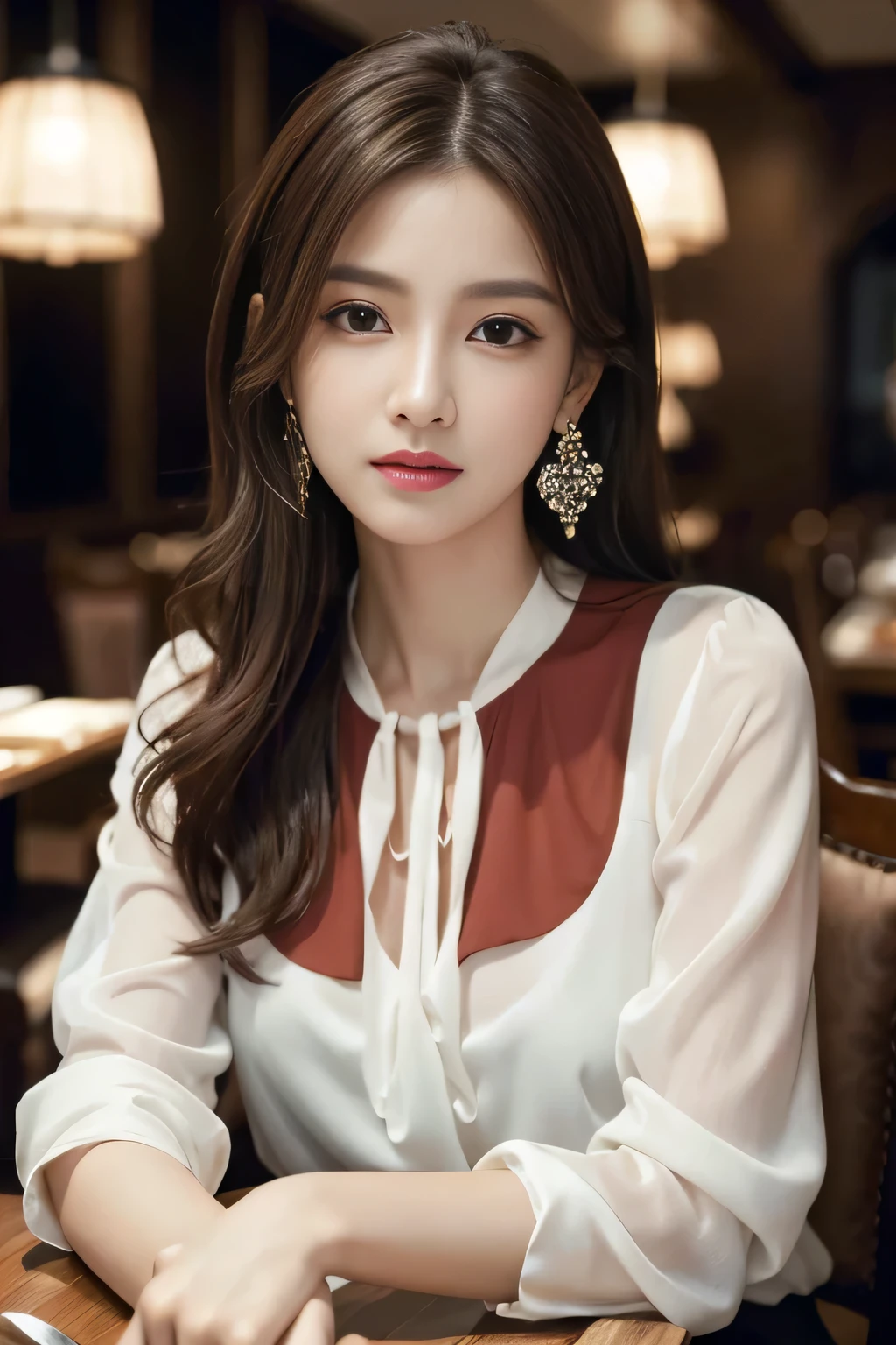 masterpiece, highest quality, Realistic, Very detailed, Finer details, High resolution, 8k wallpaper, One beautiful woman, Wear an elegant white see-through blouse, In a great restaurant, At night, Light brown messy hair, Perfect dynamic composition, Beautiful and beautiful eyes、Big earrings、Sitting in a chair、