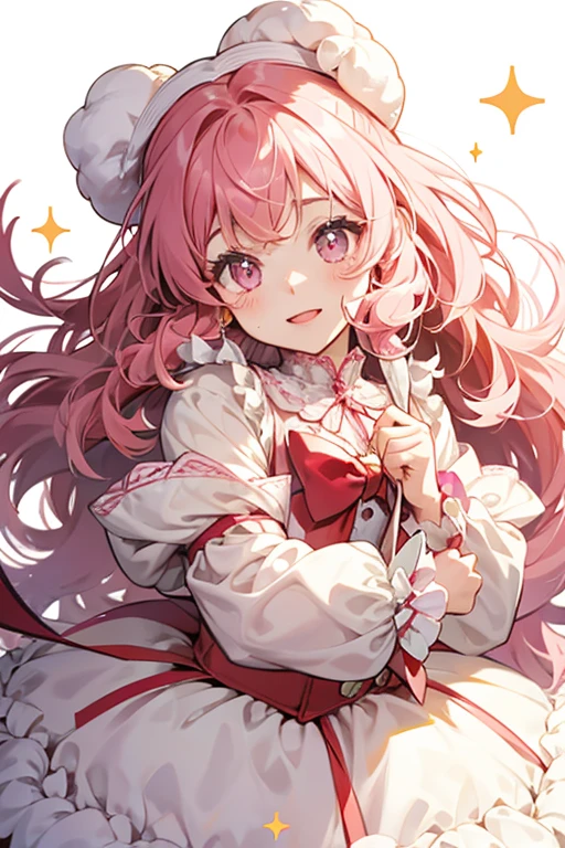 Choribotchi has a fluffy, cream-colored square body. She has small round eyes, pink cheeks, and a strand of hair with a red ribbon. SPARKLE; GLITTER