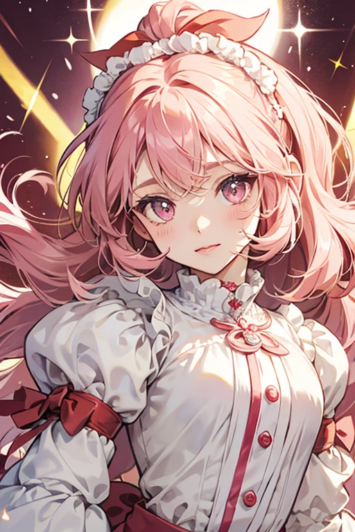 Choribotchi has a fluffy, cream-colored square body. She has small round eyes, pink cheeks, and a strand of hair with a red ribbon. SPARKLE; GLITTER