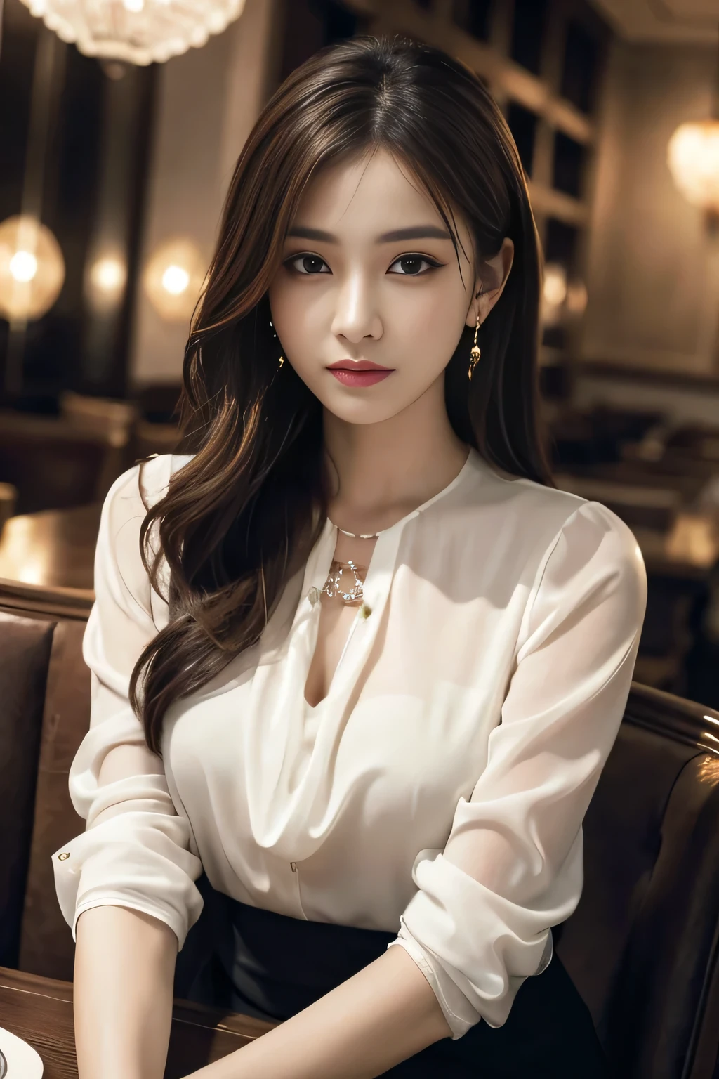 masterpiece, highest quality, Realistic, Very detailed, Finer details, High resolution, 8k wallpaper, One beautiful woman, Wear an elegant white see-through blouse, In a great restaurant, At night, Light brown messy hair, Perfect dynamic composition, Beautiful and beautiful eyes、Big earrings、Sitting in a chair、