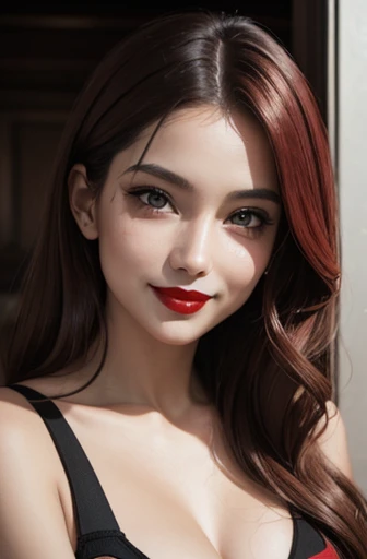 Portrait of a woman with red painted lips, looking at the camera with a subtle and provocative smile.